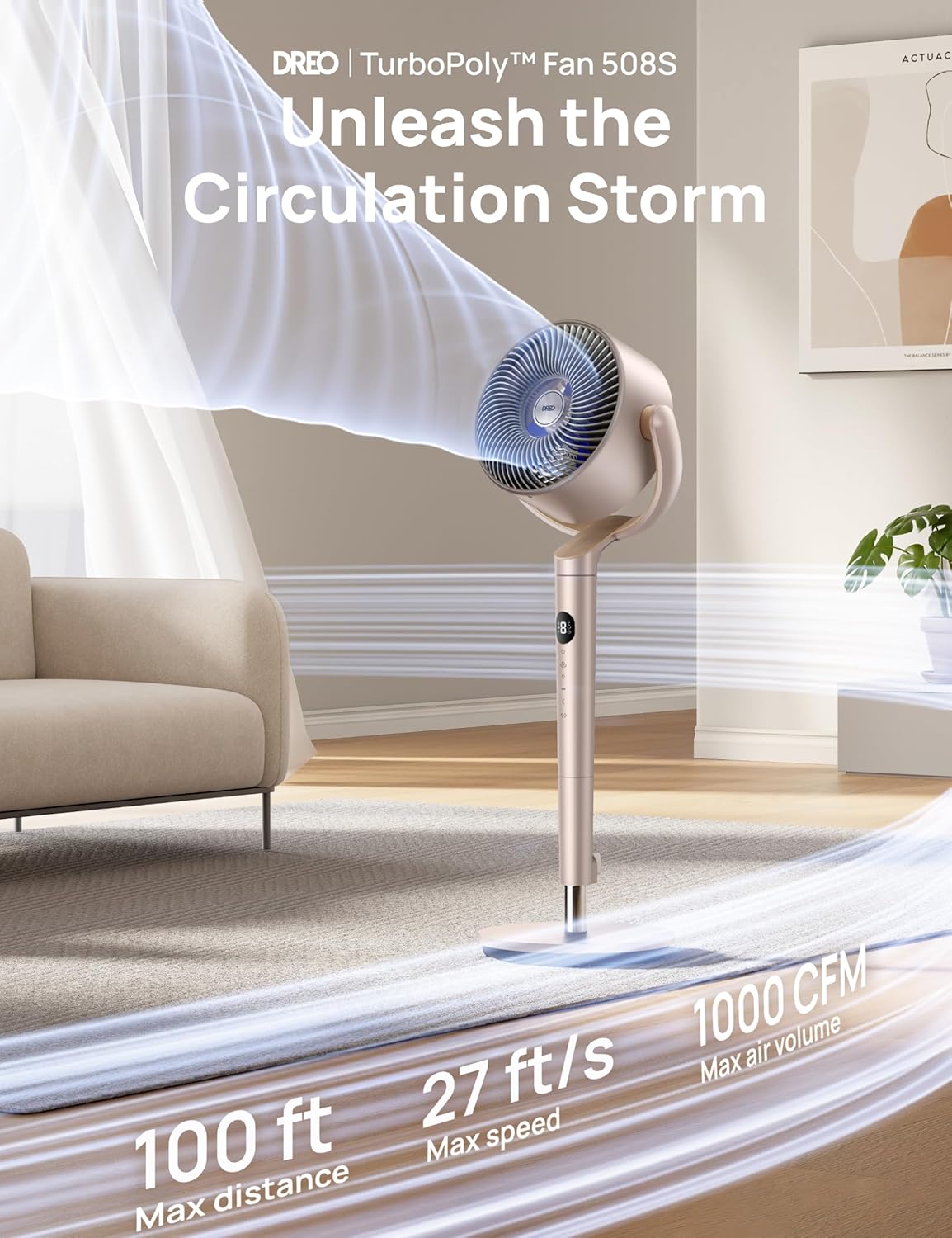 DREO Smart Fans for Bedroom, 120° +120° Omni-Directional Oscillating Fan, 100ft Quiet Pedestal Fan with RGB Light, 9 Speeds, 6 Modes, 20dB, 8H Timer, Wi-Fi/Voice, 35-40" Floor Fans, Starlight