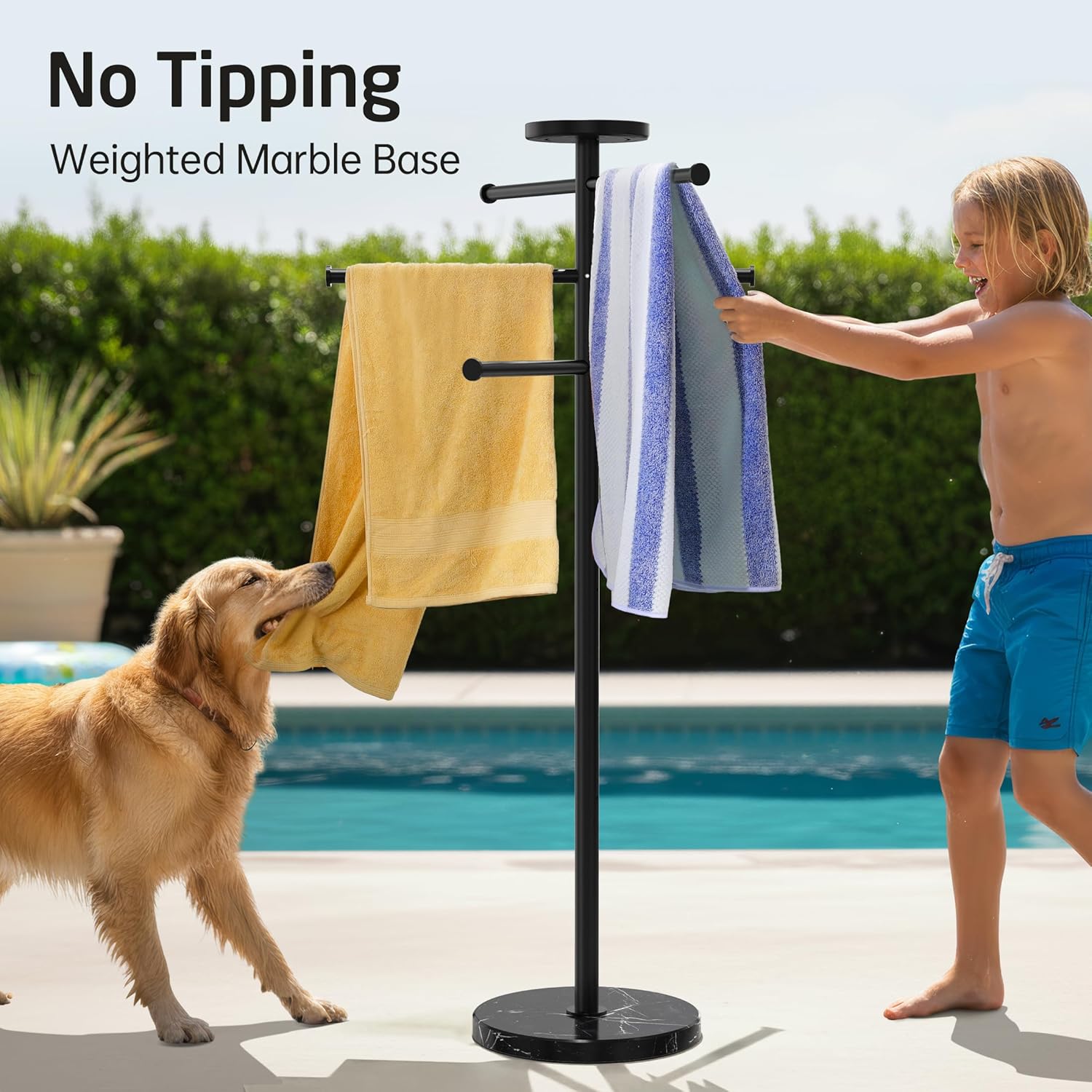 Natural Marble 59 Inch Outdoor Towel Rack with Weighted Base, KES Pool Towel Rack Outdoor for Hot Tub 18/8 Stainless Steel, Adjustable 3 Arms with Storage Tray, Matte Black OTR200-BBK