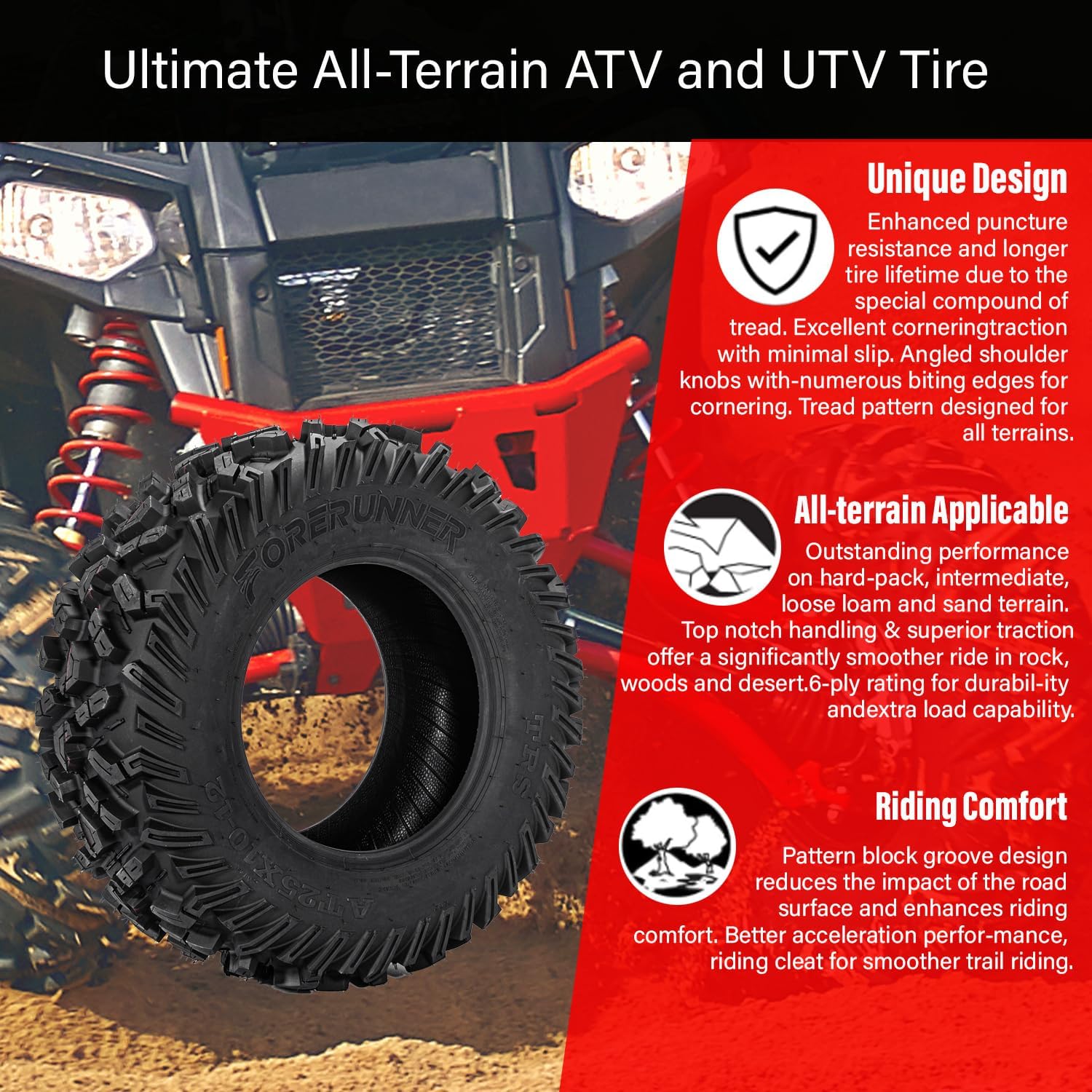 Set of 2 FORERUNNER 25X10-12 ATV Tires, 6PR Tubeless UTV Tires, All-terrain Tires