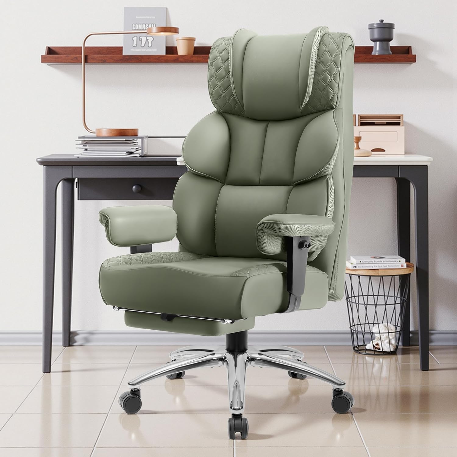 BestGlory Office Desk Chair, Big and Tall Leather Gaming Chair with Footrest, Wide Ergonomic Comfy Executive High-Back Reclining Computer Chairs, Swivel Rolling Wheels and Padded Lumbar Support, Green