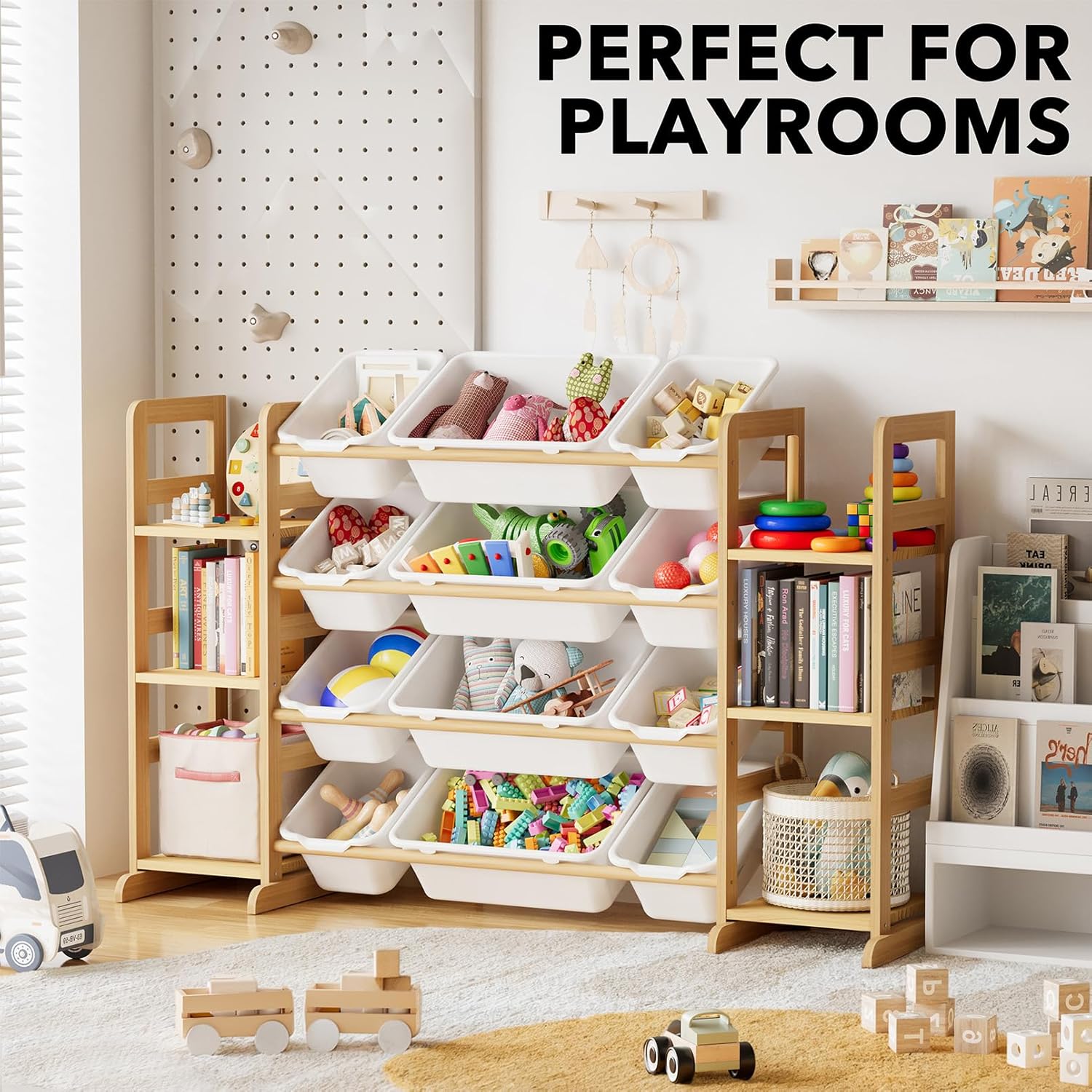 SpaceAid Toy Storage Organizer with 6 Shelves and 12 Bins, Bookshelf/Bookcase, Kids Bin Shelf, Toys Box for Playroom Organization for Bedroom & Room Decor, White, 52.3" W