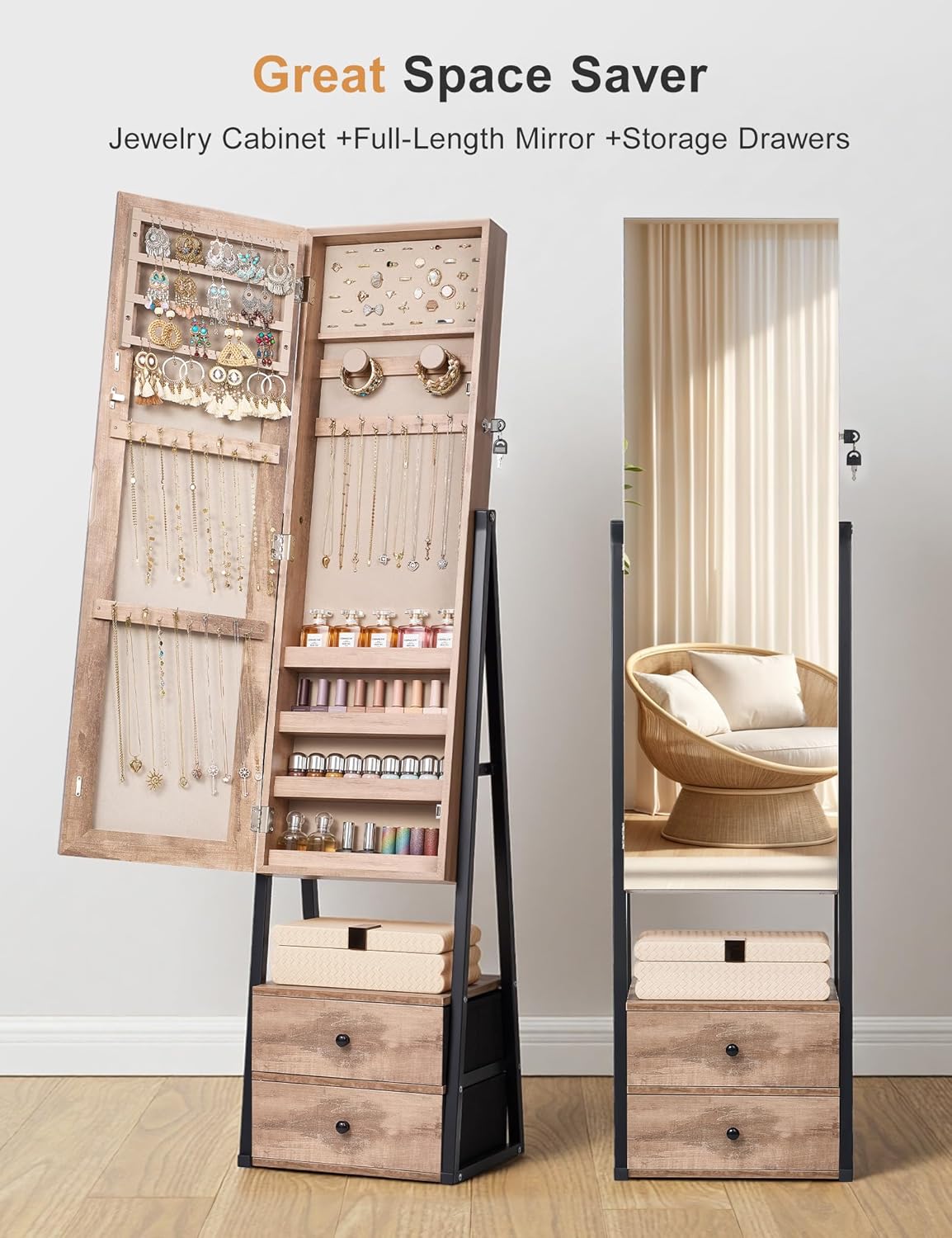 Nicetree Jewelry Cabinet Armoire with 2 Drawers,Standing Jewelry Mirror Cabinet, Full Length Mirror with Jewelry Storage, Lockable Jewelry Organizer with Mirror, Oak