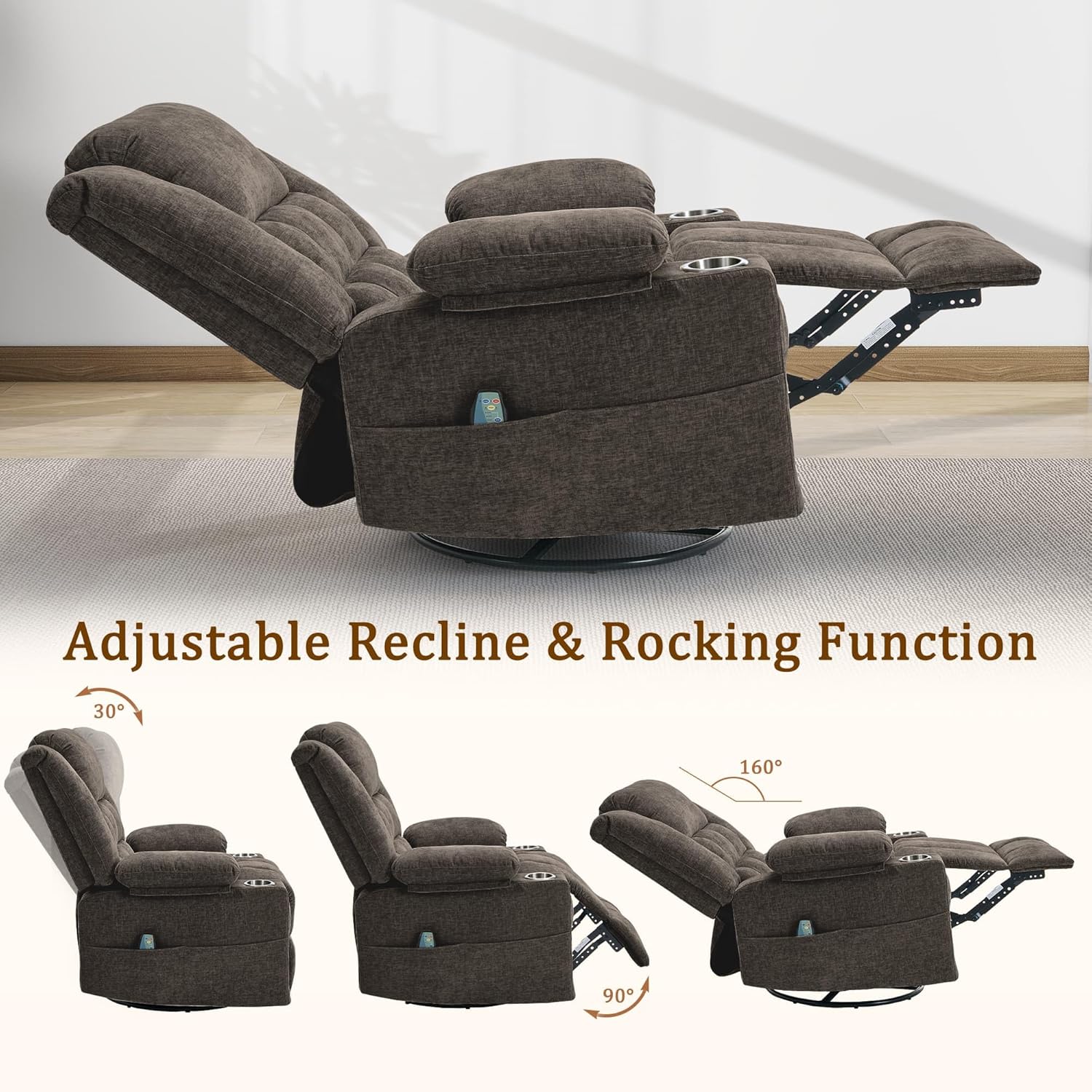 Korser 360° Swivel Rocker Recliner for Adults, Nursery Glider Recliner with Massage and Heating, Rocking Chair with Cup Holder, Manual Recliner Chair for Living Room, Bedroom (Fabric, Brown)