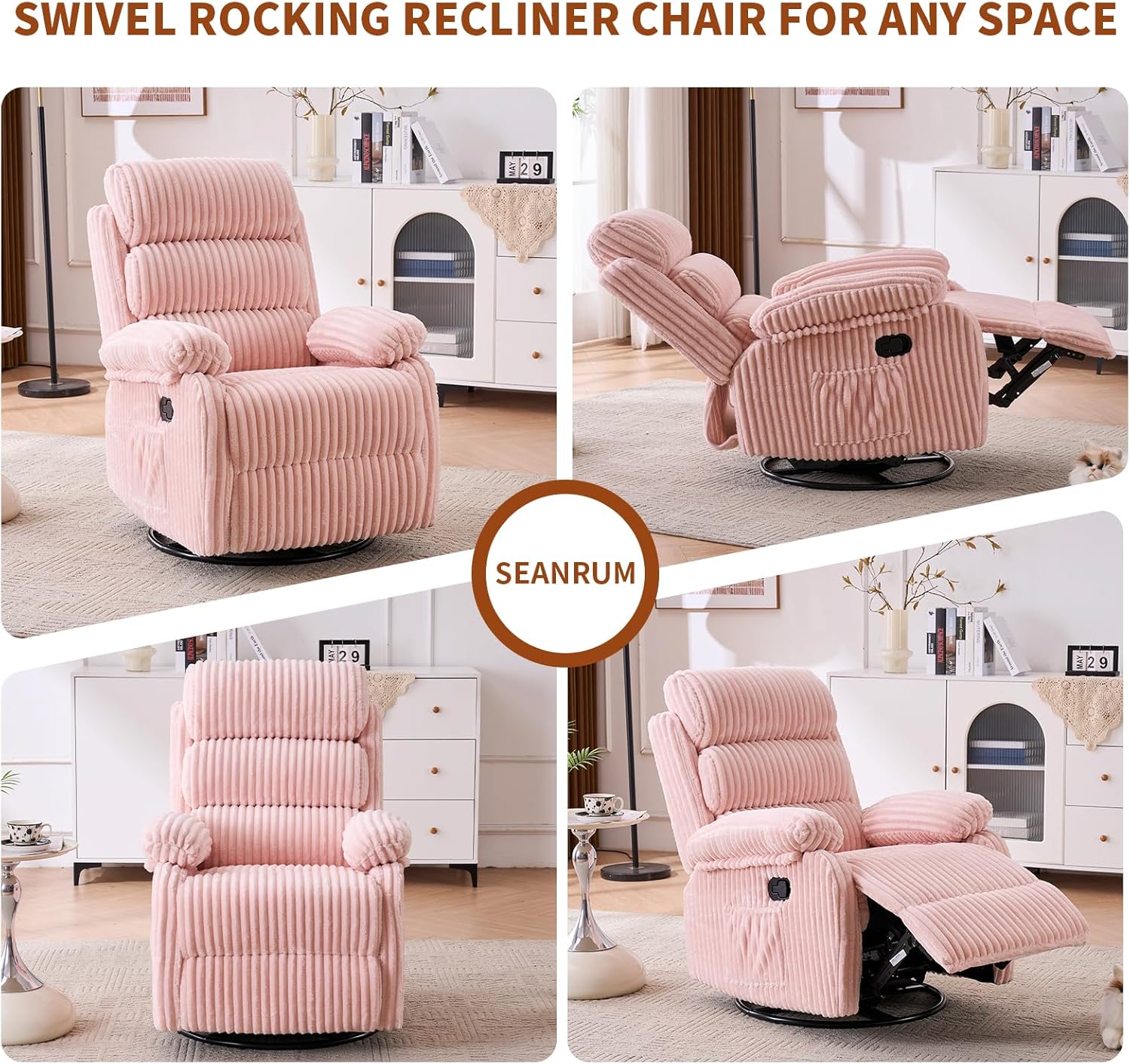 Snug-Cushioned Velvet 360° Swivel Recliner Chair - Gliding Rocking Chair Nursery Recliner, Generous Footrest, Padded Armrests & Side Pocket, Perfect for Nursery & Compact Spaces, Pink