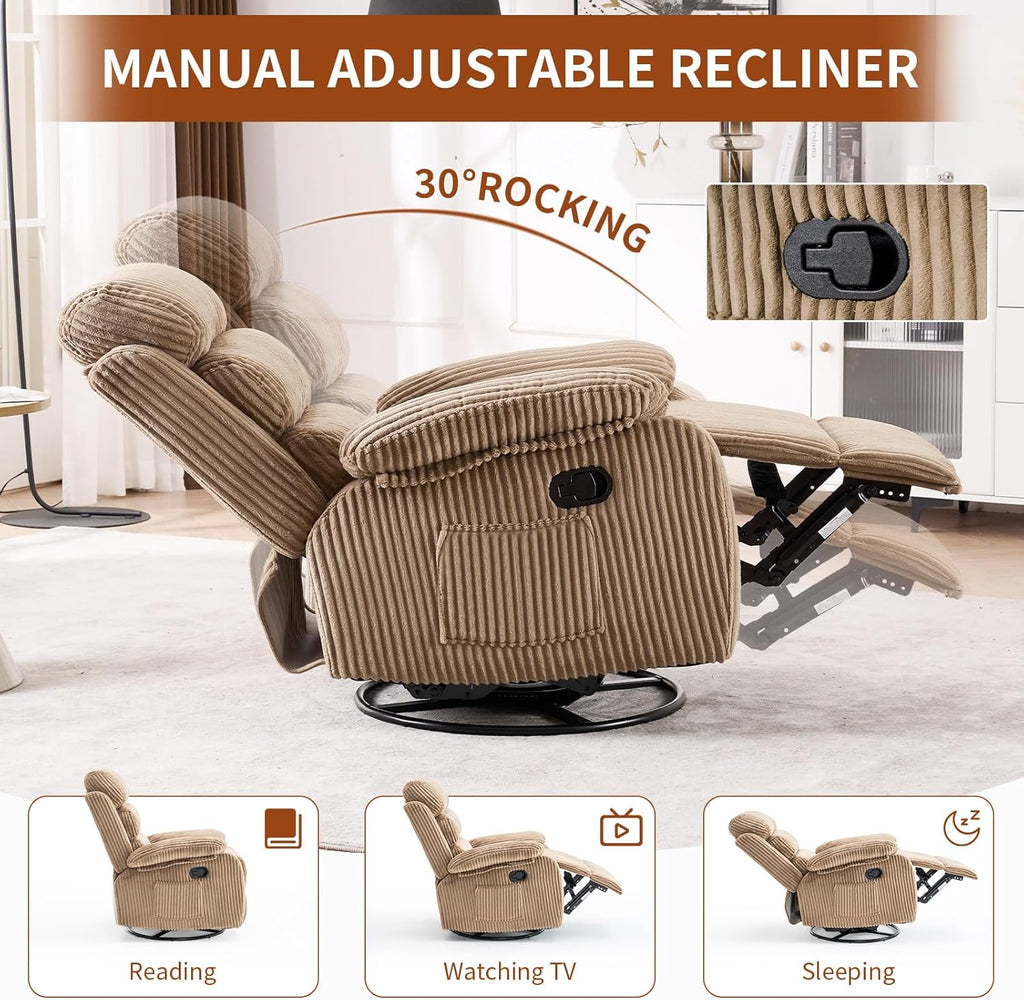 Velvet Upholstered Glider Recliner Chair – 360° Swivel Rocker Chair for Adults, Small Rocking Chair for Small Spaces, Soft Fabric Recliner Chair with Side Pockets, Comfortable Nursery Chair,Brwon
