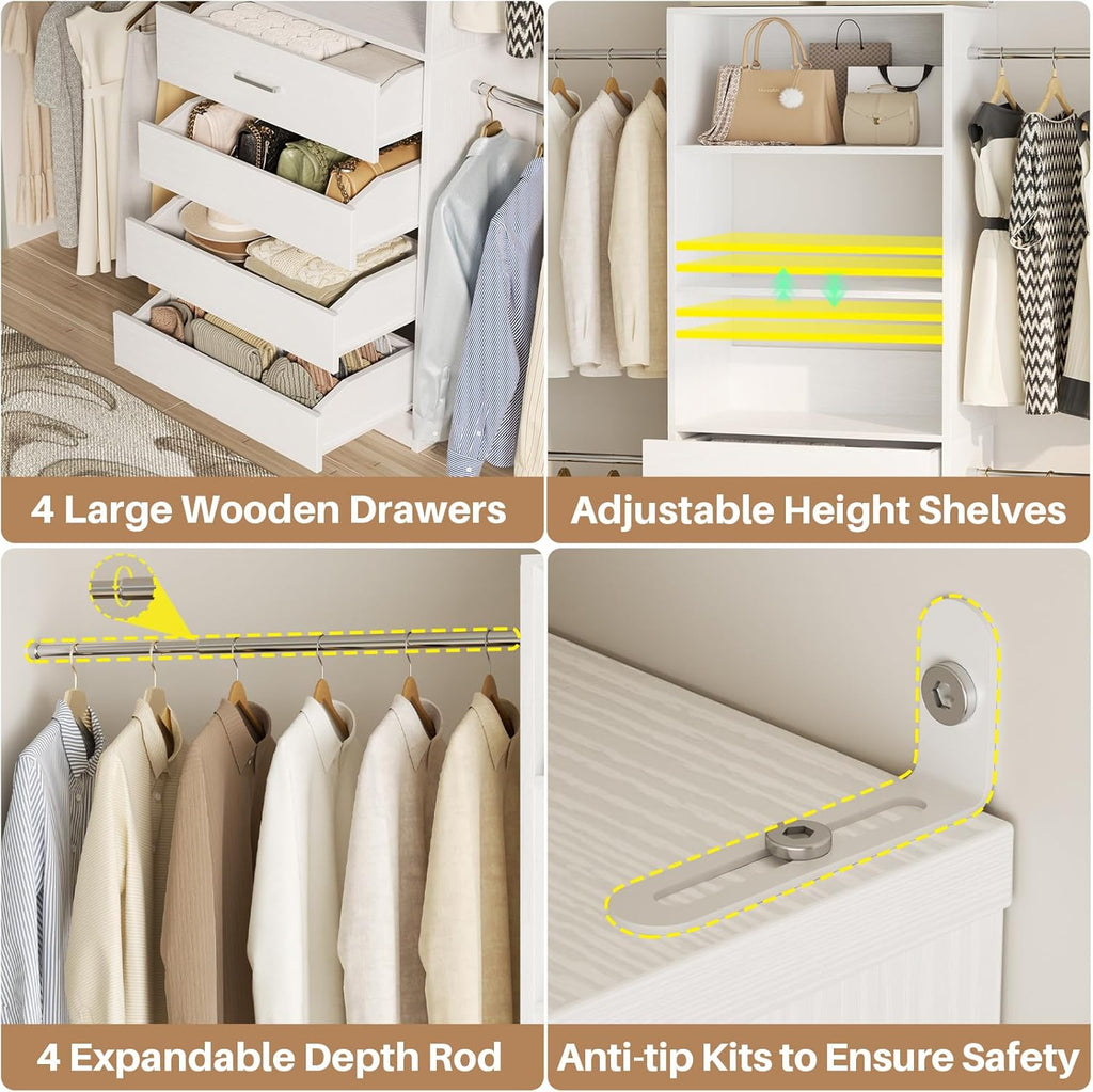 Aheaplus Closet System, 4-9Ft Closet Organizer with 4 Wooden Drawers, Wood Closet Organizer System with Tower, Walk-in Closet Organizer Wardrobe Clothes Rack with 4 Hanging Rods, Garment Rack, White