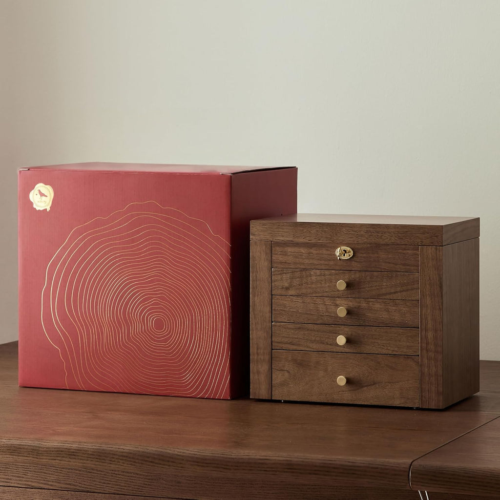 5-Layter Jewelry Organizer Box with Lock and Key, Wooden Jewelry Box for Mother's Day with Interior Mirror - Ring Earring Bracelet Necklace Holder, 11.8 inch