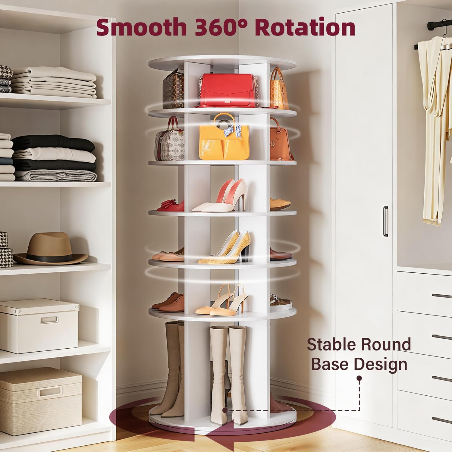 JUMMICO Rotating Shoe Rack Tower, 6-Tier Vertical Closet Storage Organizer for Shoes, Handbags & Tall Boots, 360° Spinning Lazy Susan Base, Space-Saving for Bedroom & Closet (White)