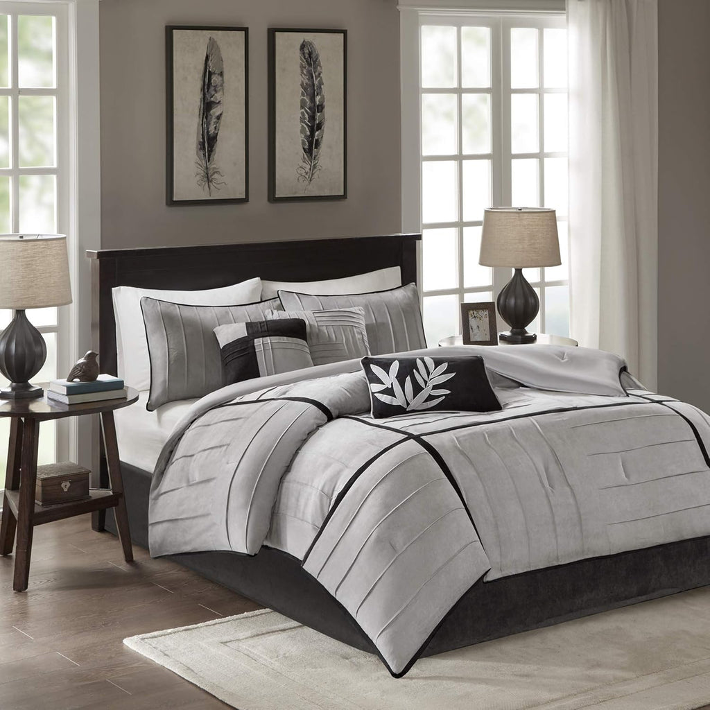 Madison Park Cozy Comforter Set Casual Blocks Design All Season, Matching Bed Skirt, Decorative Pillows, King(104"x92"), Dune Suede, Black Grey, 7 Piece