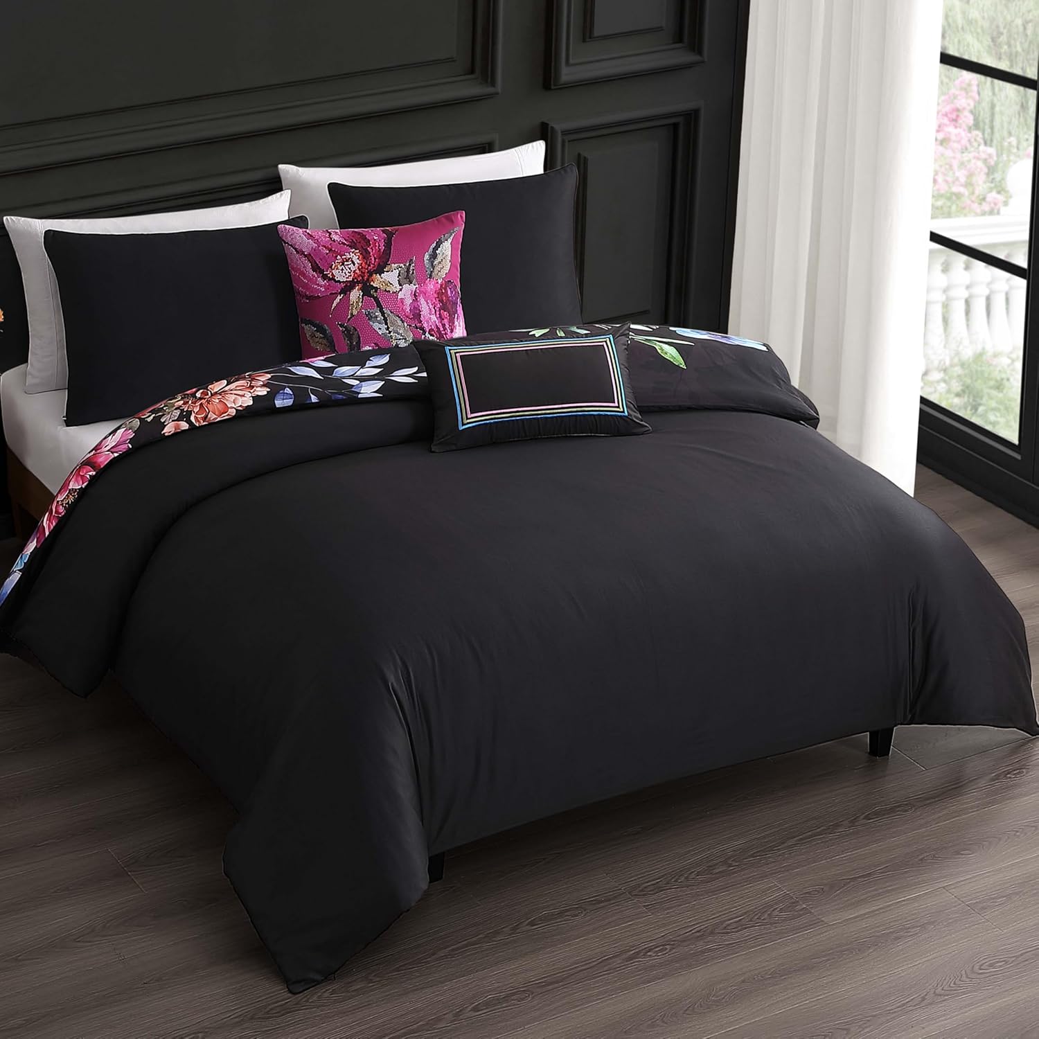 Bebejan Black Night Poppies 5 Piece Comforter Set, 100% Cotton Sateen, 220 Thread Count, Reversible Bedding Comforter Set, 1 Comforter, 2 Shams & 2 Pillows (King/Cal King)