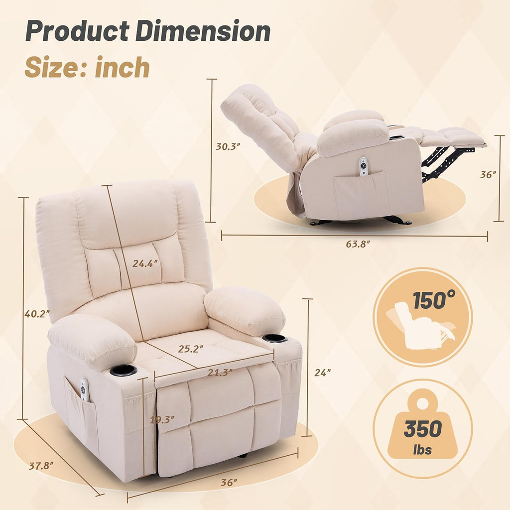 Rocker Recliner Chair with Massage and Heat, Nursery Rocking Chairs for Living Room, Ergonomic Comfy Relining Chair with Cup Holders, USB Charge Port, Side Pockets, Recliner Chair for Adults, Beige