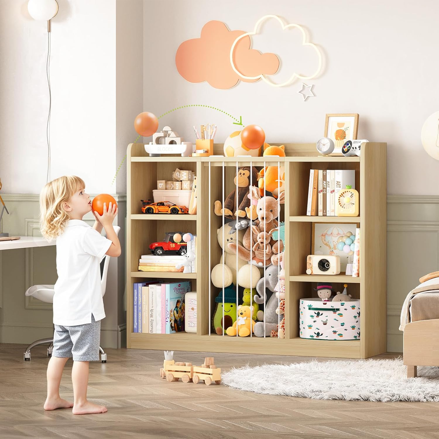 Toddler Stuffed Animal Zoo, Toy Storage Organizer for Playroom, Plush Toy Organizers and Storage, Book Shelf for Kids Rooms, Elastic Band Child Bookcase, Toy Shelf with 8 Storage Cubbies (Maple Wood)