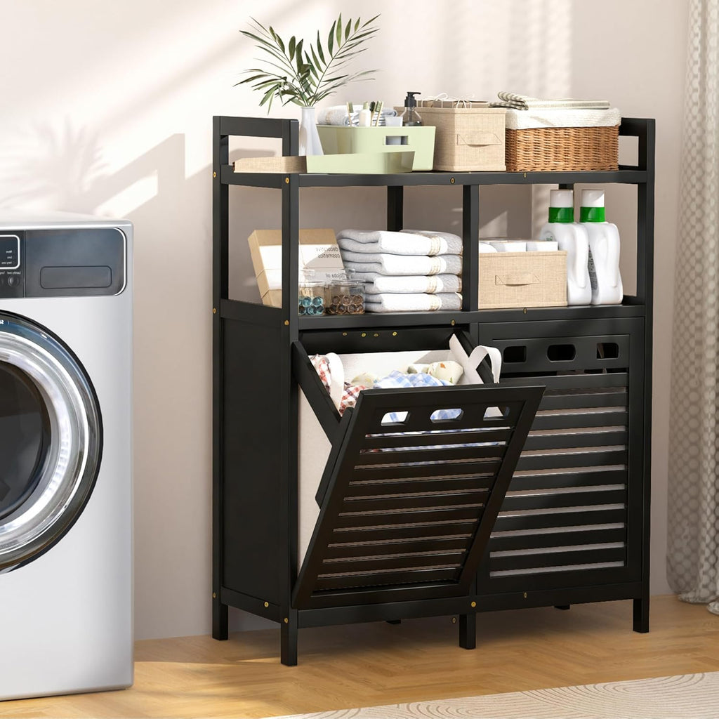 VASMIA Tilt Out Laundry Hamper Cabinet, Bamboo Double Laundry Hamper with 2 Removable Laundry Baskets, 20 Gal Laundry Sorter Organizer with Shelf for Dirty Clothes, Bathroom, Laundry Room, Black
