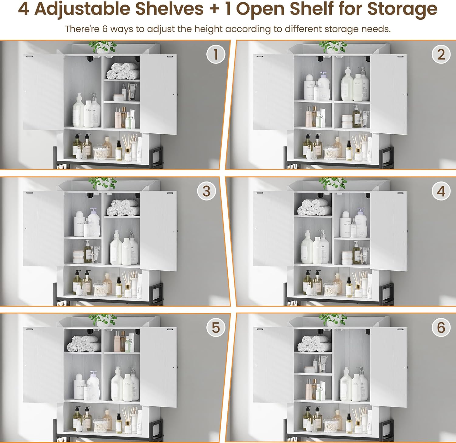 Memobarco Over The Toilet Storage Cabinet, Over Toilet Organizer with 2-Door & Metal Stand, Bathroom Organizers and Storage with Adjustable Shelves for Bathroom, Restroom, Laundry, White