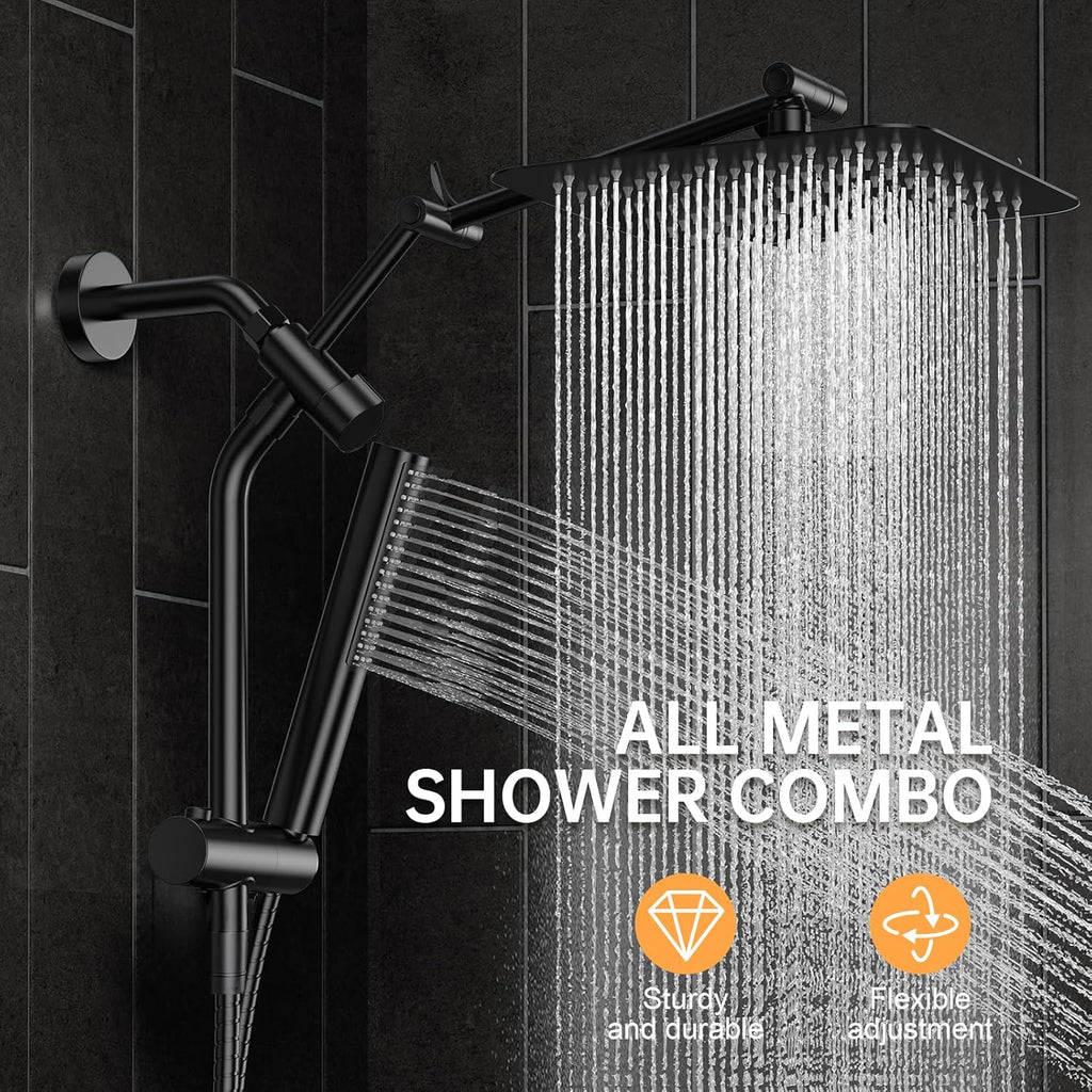 Veken All Metal 10" Black Shower Head with Handheld, Luxurious Square Double Rain Shower Heads with Power Wash Hand Held,Dual High Pressure Detachable Rainfall Showerhead with Arm,Bathroom,Matte Black