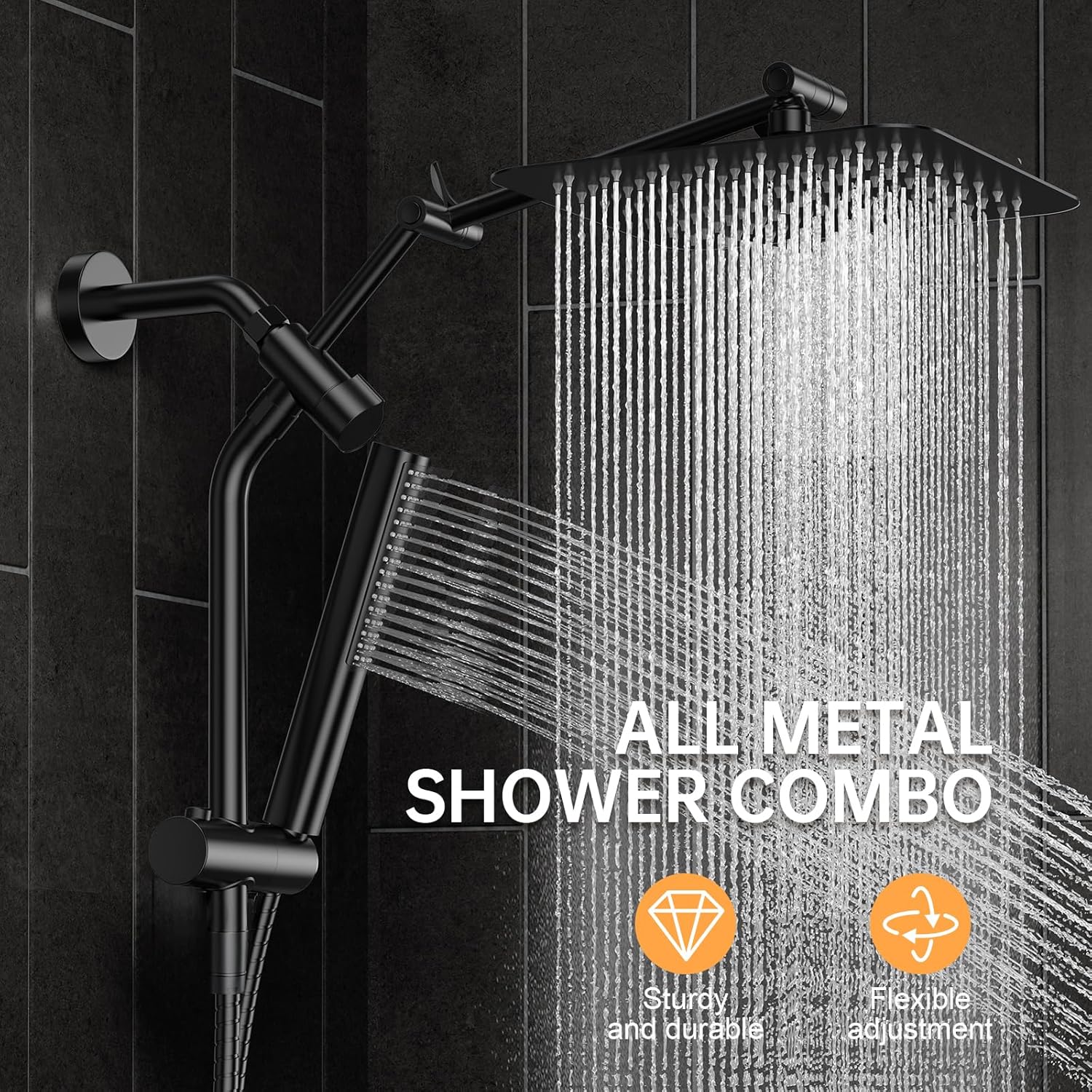 Veken All Metal 10" Black Shower Head with Handheld, Luxurious Square Double Rain Shower Heads with Power Wash Hand Held,Dual High Pressure Detachable Rainfall Showerhead with Arm,Bathroom,Matte Black