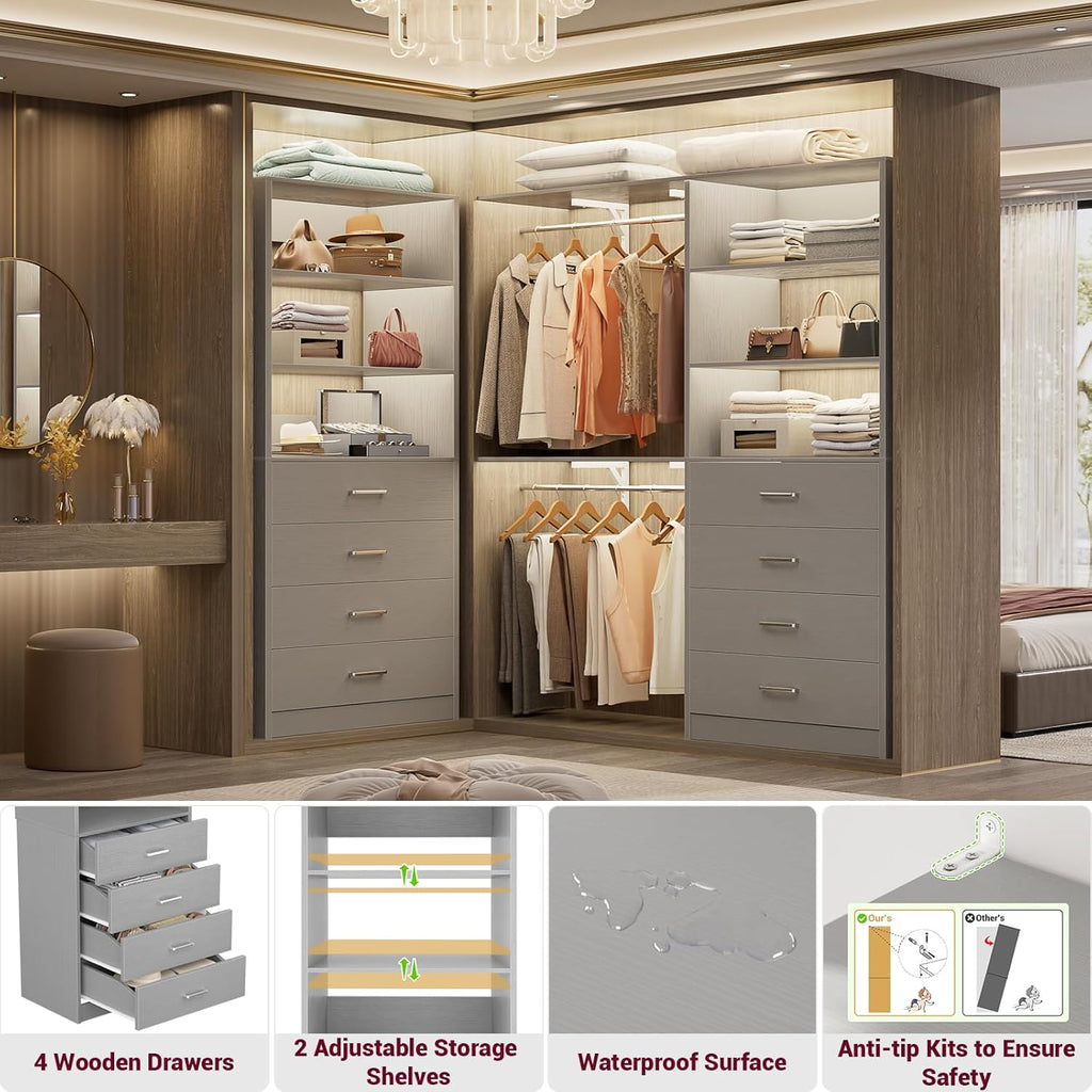 Aheaplus Closet Drawers System, 21.3" Wood Closet Organizer System with 4 Drawers, Modular Walk-in Closets System Storage Unit, Small Closets Wardrobe Rack, Tall Storage Cabinet Unit, Grey1