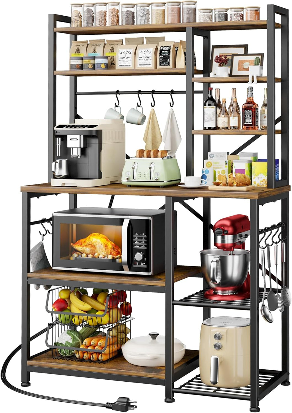 Kitsure Baker's Rack with Power Outlet - Storage Rack with Kitchen Shelves and 12 Hooks, Versatile Coffee Bar and Microwave Stand for Appliances, Pantry, Home Organization,Brown, 38.0" x 15.5" x 67.0"