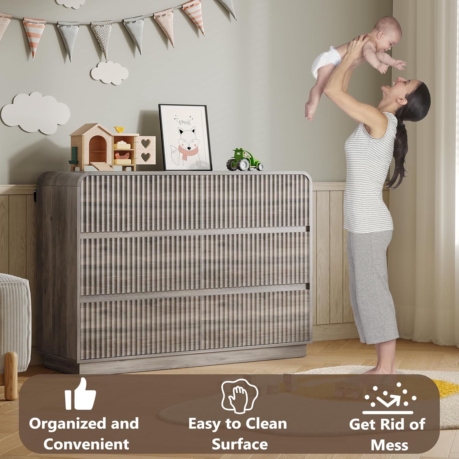 BORNOON Dresser for Bedroom with 6 Drawers, Fluted Chest of Drawers with Round Curved Corner, Hidden Handles, Modern Wood Storage Organizer for Bedroom, Nursery, Living Room