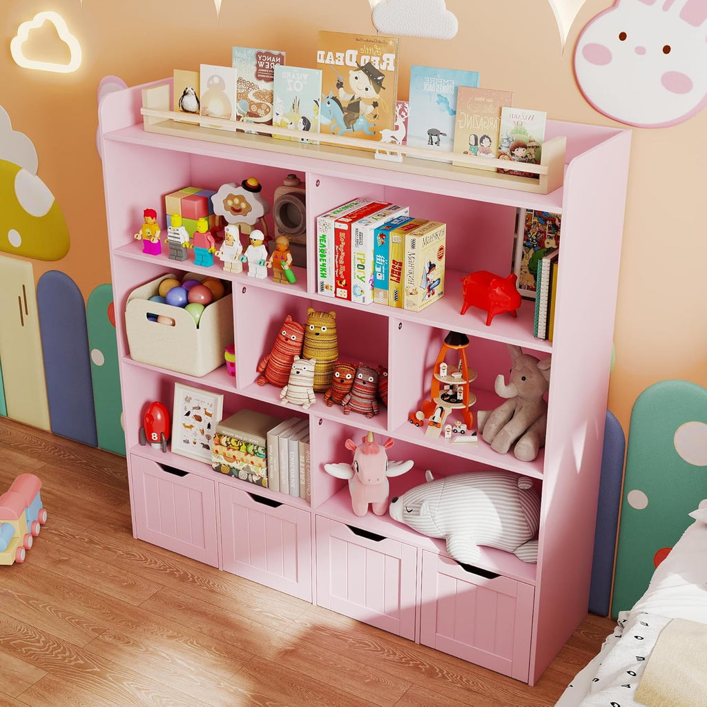 Gizoon Toy Storage Cabinet and Kids Bookcase with 4 Movable Drawers and 8 Open Shelves Toy Chest Shelf Organizer with Hidden Wheels for Playroom Nursery Kids Room, Pink