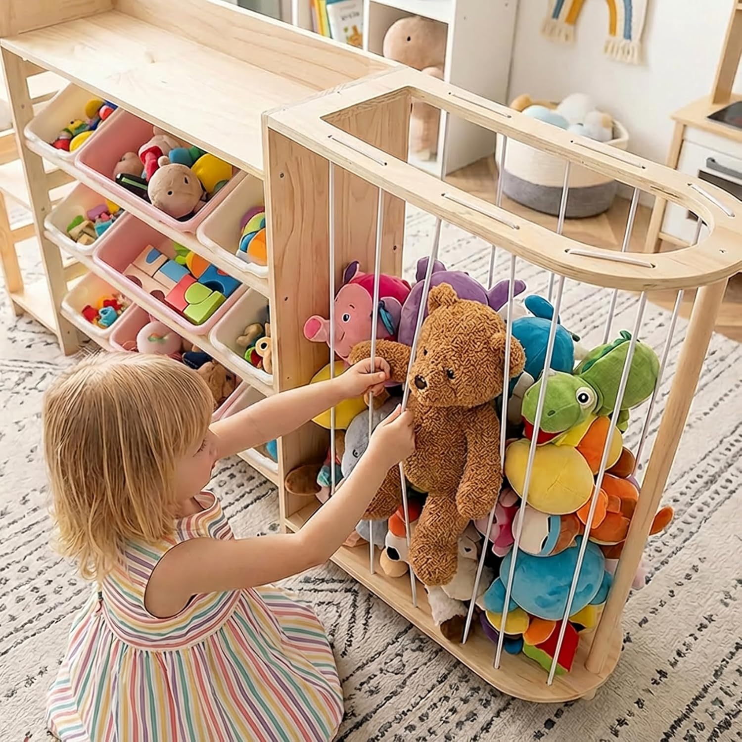 Amdermi Kid's Toy Storage Organizer with Bookcase & Plush Stuffed Animal Zoo, Multi-Bin Toy Storage Shelf for Toddlers, 4-in-1 Wooden Display Rack for Playroom, Bedroom & Nursery (Pink)