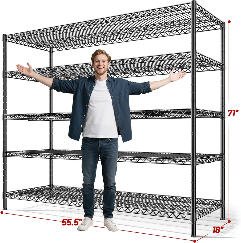 REIBII 3200LBS Storage Shelves 55.5" W Garage Shelving Heavy Duty 5 Tier Adjustable Wire Shelving Unit Metal Shelving for Garage Pantry Commercial Basement,55.5" W X 18''D X 71" H