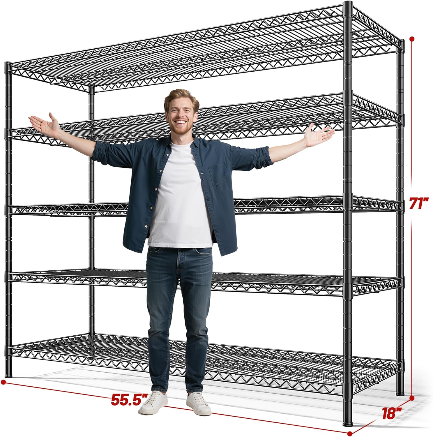 REIBII 3200LBS Storage Shelves 55.5" W Garage Shelving Heavy Duty 5 Tier Adjustable Wire Shelving Unit Metal Shelving for Garage Pantry Commercial Basement,55.5" W X 18''D X 71" H