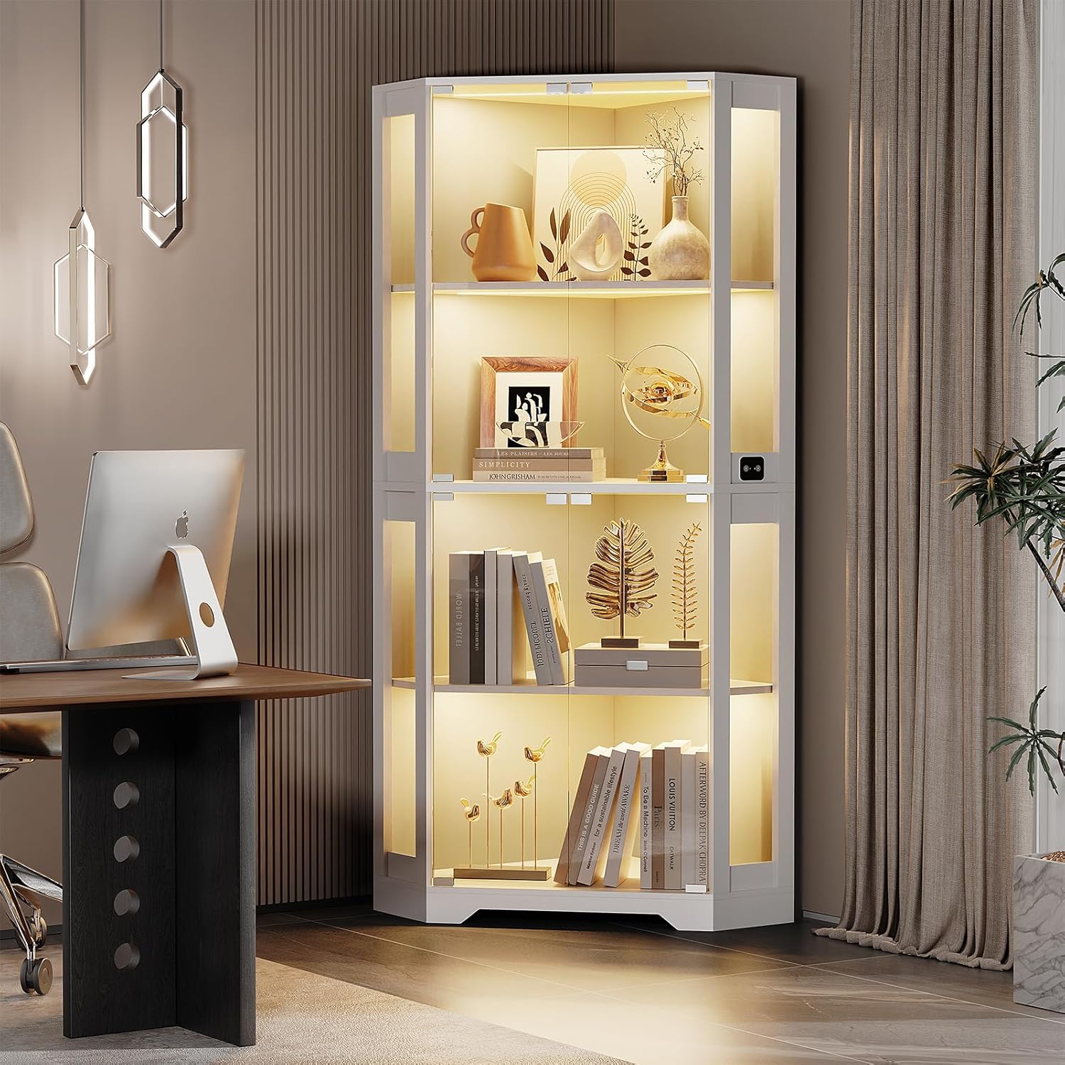 BROTTAR Corner Display Cabinet with Glass Doors, 65" Lighted Curio Display Case with 3 Color Lights for Collectibles, Books, 4-Tier Bookcase with Human Body Sensor, White