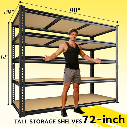 48" W Garage Shelving Heavy Duty 3080LBS Garage Storage Shelving, 5 Tier Adjustable Metal Shelving Unit Utility Rack Shelf for Warehouse, Pantry, Closet, Kitchen 72" H x 48" W x 24" D, Black,Gifts
