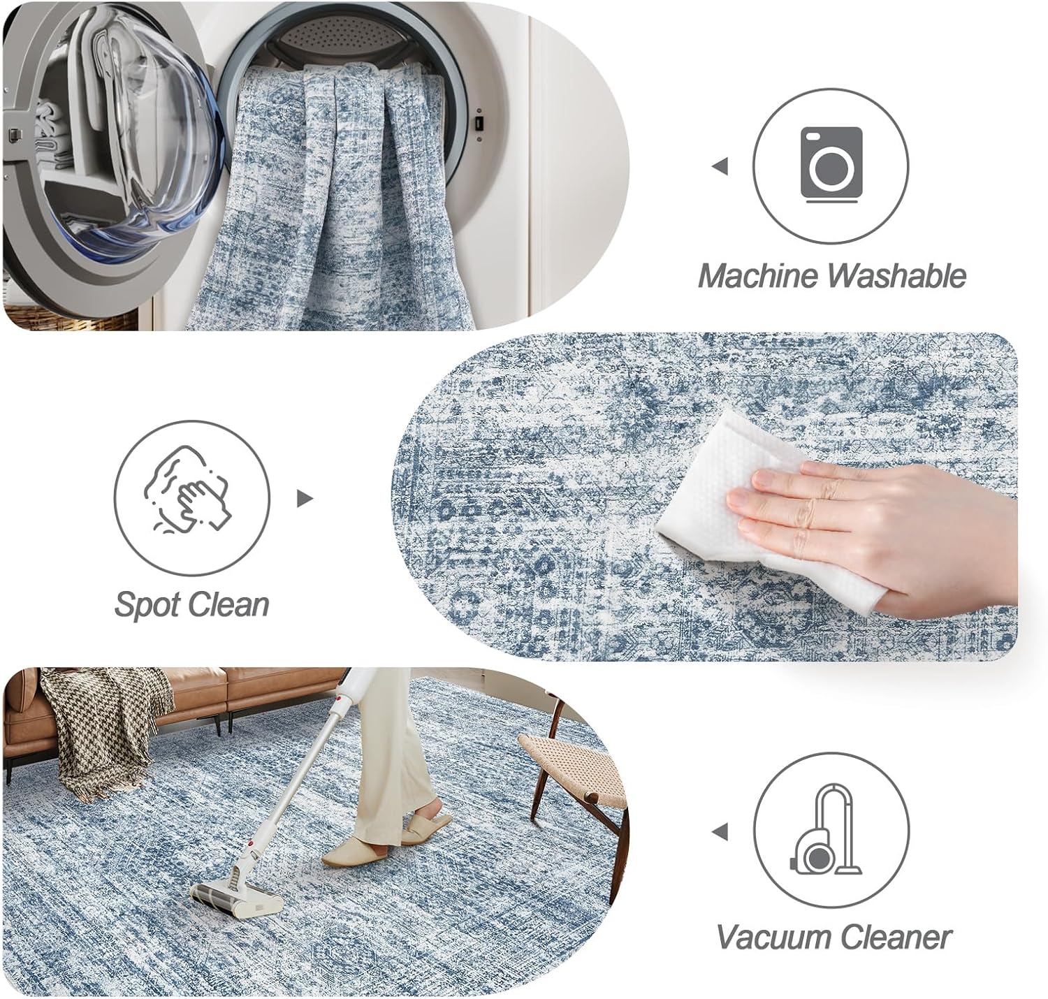Soalmost 9x12 Area Rugs for Living Room, Non Slip Machine Washable Vintage Rugs, Low Pile Lightweight Large Rug for Bedroom, Dining Room, Home Office Blue