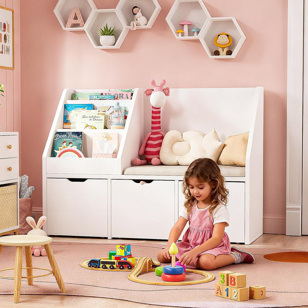 40" Kids Reading Nook with Bench, Toy Storage Organizer and Bookshelf with Seat Cushion, Kids Bookshelf with 3 Movable Drawers, Toy Storage Box on Wheels, Ideal for Nursery, Playroom, Bedroom, White
