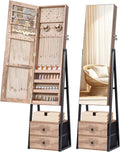 Nicetree Jewelry Cabinet Armoire with 2 Drawers,Standing Jewelry Mirror Cabinet, Full Length Mirror with Jewelry Storage, Lockable Jewelry Organizer with Mirror, Oak