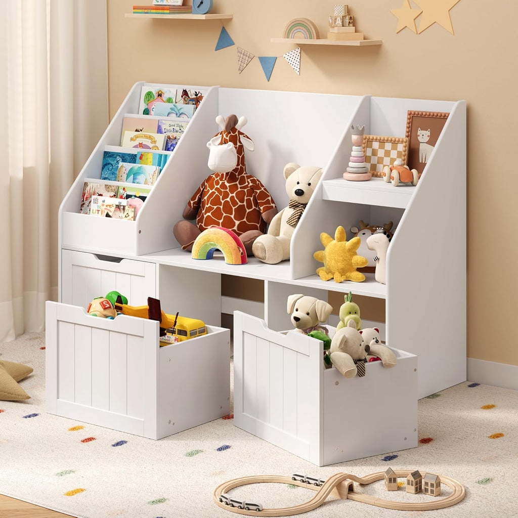Gizoon Kids Bookshelf with Reading Nook, Kids Toy Storage Organizer with 3 Movable Drawers, Kids Reading Nook with Bench for Kidsroom Playroom and Bedroom, White