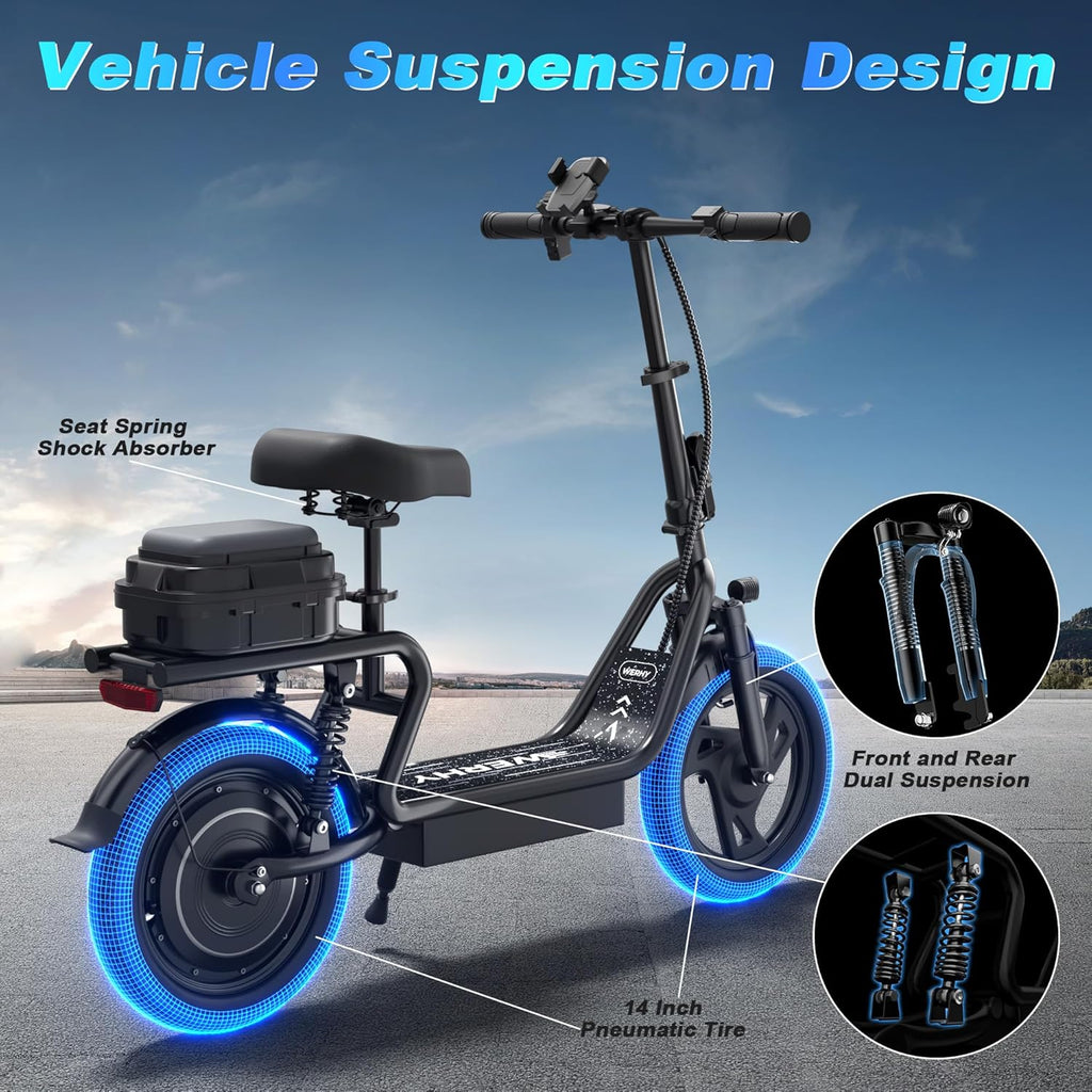 WERHY Electric Scooter,500W Motor, 14'' Tires, Top Speed 22 mph, Max 27/49 Miles Ranges, Foldable E-Scooter with Suspension &Adult, Digital Display, Cruise Control,Rear Seat Box