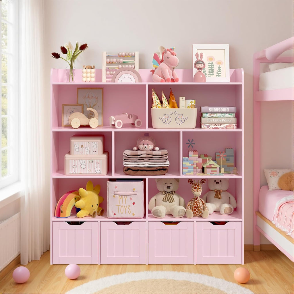 Gizoon Toy Storage Cabinet and Kids Bookcase with 4 Movable Drawers and 8 Open Shelves Toy Chest Shelf Organizer with Hidden Wheels for Playroom Nursery Kids Room, Pink