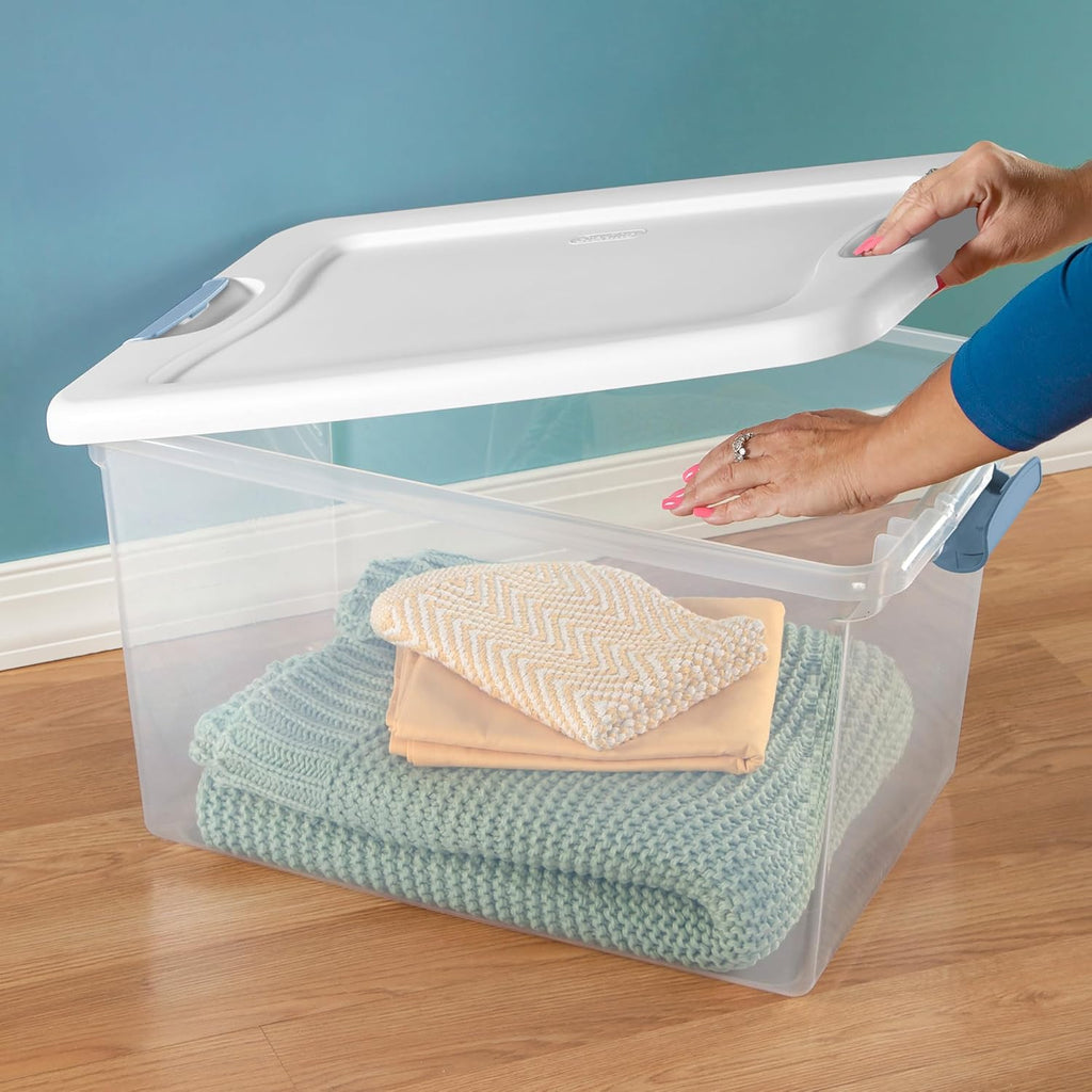 Sterilite 8-Pack 64 Quart Latching Box, Clear Plastic Storage Organizer Bins with White Lids - Large Stackable Containers for Home Bedroom, Dorm Room, and Closet Organization