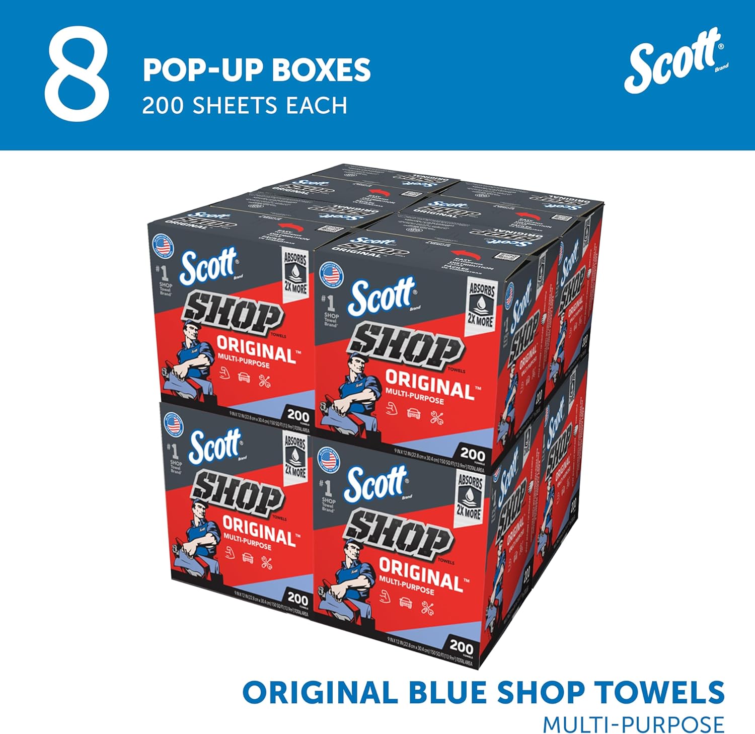 Scott Shop Original Blue Towels (75190), 9"x12" Cloth-like Paper Towel (8 Boxes of 200 Sheets, 1,600 Sheet Total)