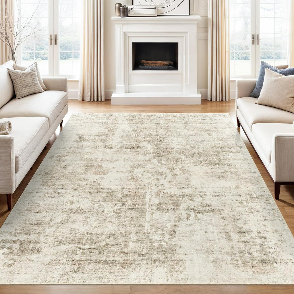 Soalmost 9x12 Area Rug for Living Room, Abstract Non Slip Machine Washable Vintage Carpets, Low Pile Lightweight Large Rug for Bedroom, Dining Room, Home Office Beige Gray