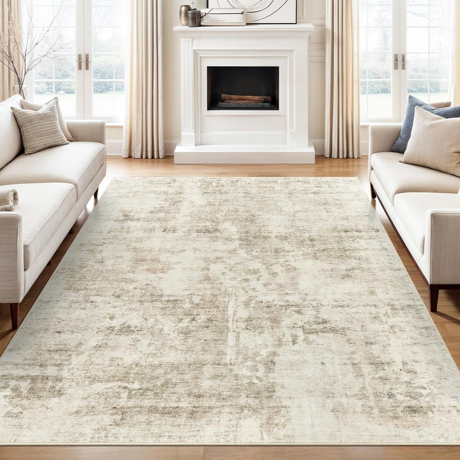 Soalmost 9x12 Area Rug for Living Room, Abstract Non Slip Machine Washable Vintage Carpets, Low Pile Lightweight Large Rug for Bedroom, Dining Room, Home Office Beige Gray