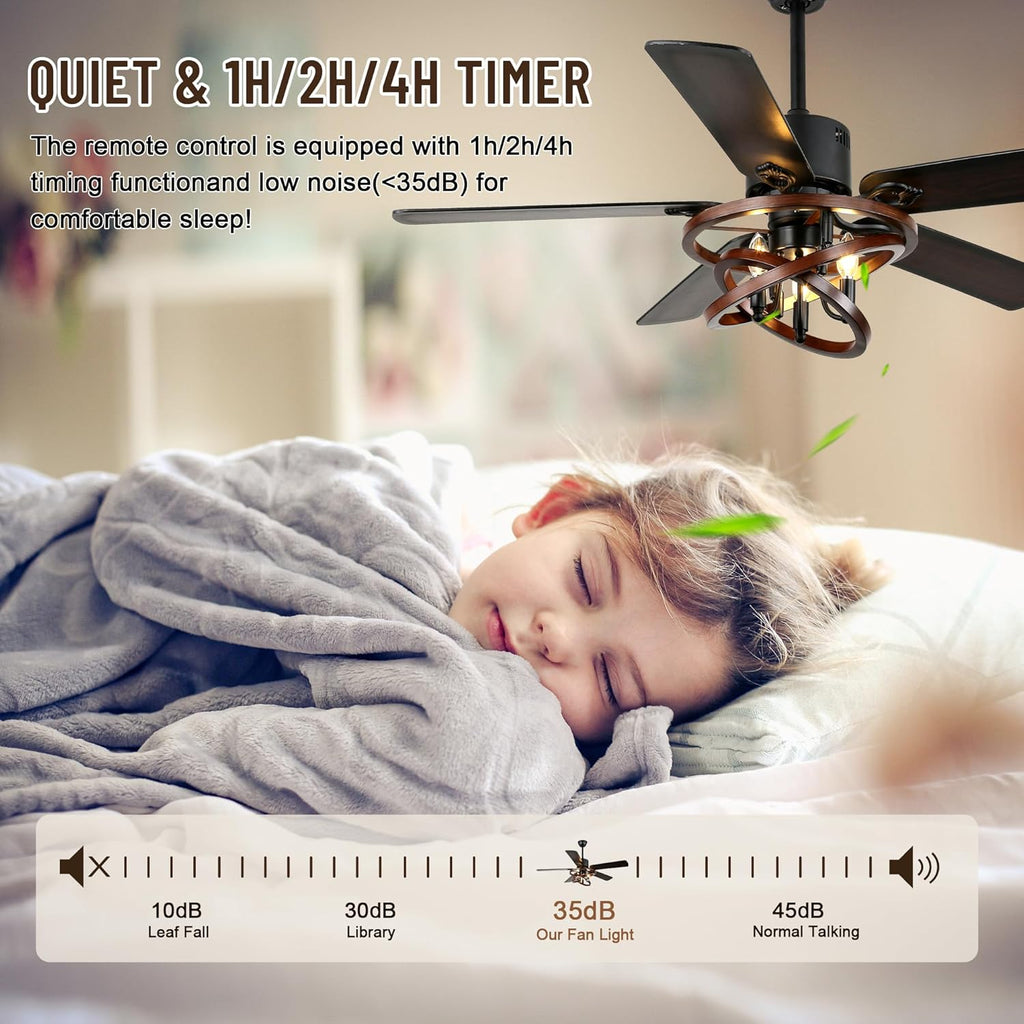 52" Ceiling Fan with Lights and Remote,Industrial Farmhouse Ceiling Fan with Adjustable Wood Grain Iron Cage,5 Reversible Dual-Color Blades,DC Quiet Motor,6 Speeds,Timer for Bedroom Living Room