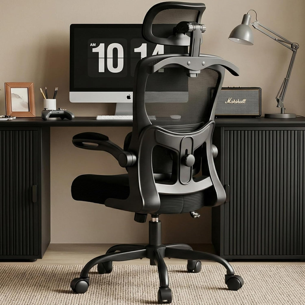 AreShark Office Chair-Ergonomic Desk Chair with Hidden Hanger & Flip-Up Arms, High Back Mesh Computer Chair with 2D Headrest & Adjustable Lumbar, Comfy Rolling Task Chair for Home Work Gaming, Black
