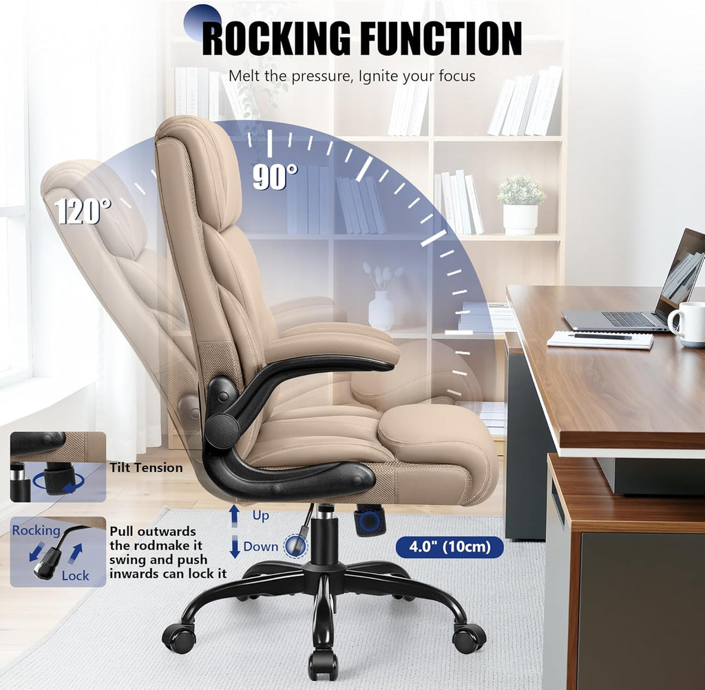 Primy Office Chair, Ergonomic Leather Desk Chair with Flip-up Armrests, Big and Tall High Back Executive Computer & Gaming Chair with Footrest, Comfy Padded, Rocking Function and Lumbar Support(Khaki)