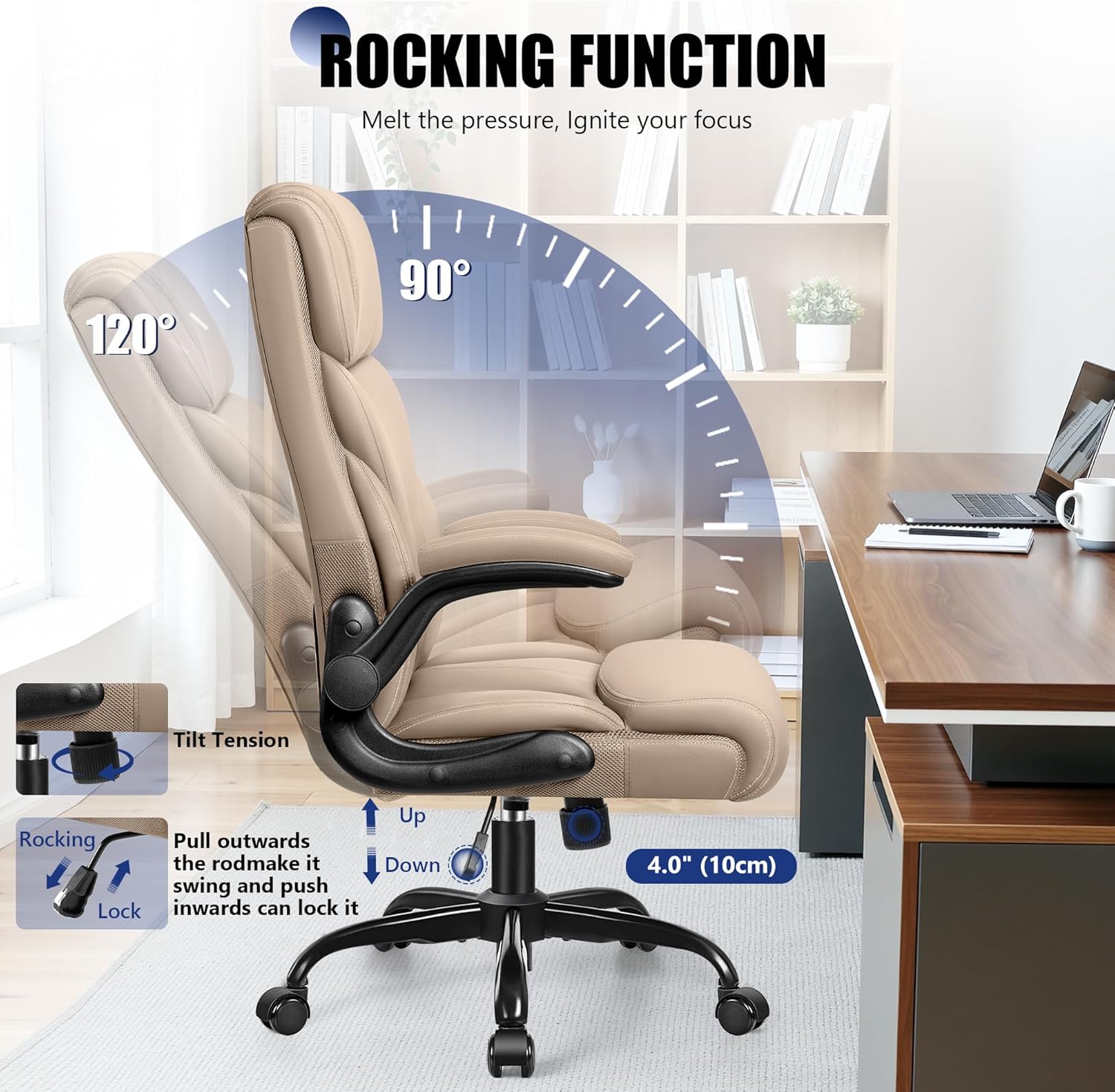 Primy Office Chair, Ergonomic Leather Desk Chair with Flip-up Armrests, Big and Tall High Back Executive Computer & Gaming Chair with Footrest, Comfy Padded, Rocking Function and Lumbar Support(Khaki)