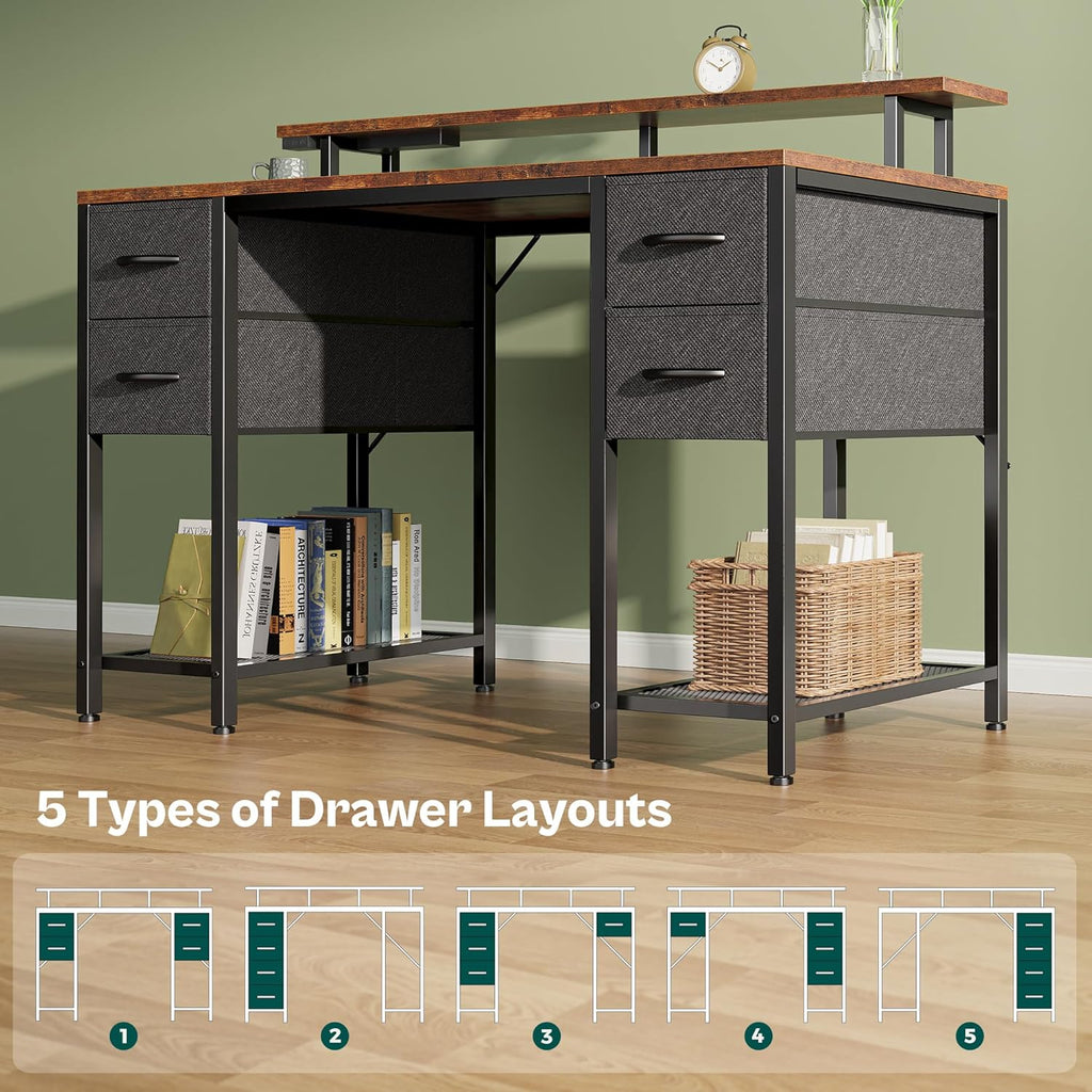 Huuger 47 inch Computer Desk with 4 Drawers, Gaming Desk with LED Lights & Power Outlets, Home Office Desk with Large Storage Space for Bedroom, Work from Home, Rustic Brown and Black