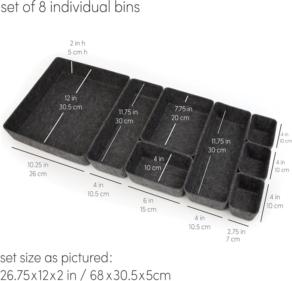 Three by Three Seattle Felt·Like·It! Felt Bins for Office, Crafts, Classroom, Living Room, Bedroom: Charcoal, Set of 8