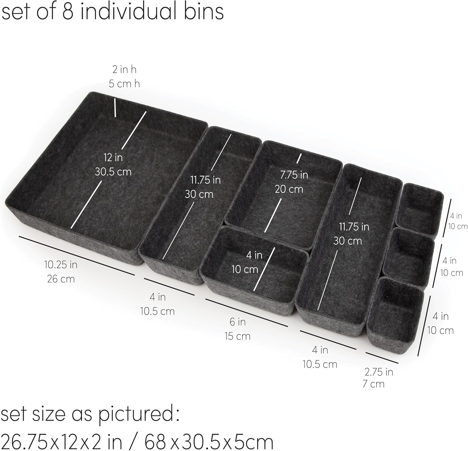 Three by Three Seattle Felt·Like·It! Felt Bins for Office, Crafts, Classroom, Living Room, Bedroom: Charcoal, Set of 8