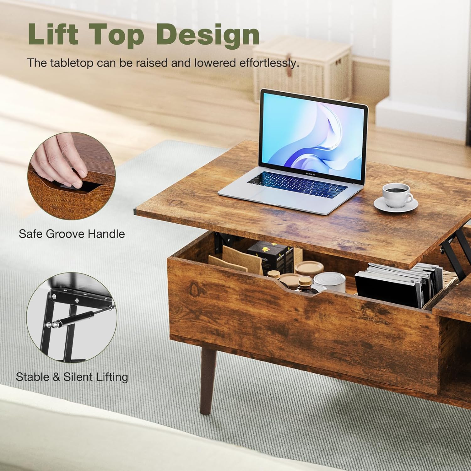OLIXIS Wooden Coffee Table, Lift Top Coffee Table with Large Hidden Compartment and Ample Storage Shelf, Lift Tabletop Dining Table for Living Room, Home Small Space, Rustic