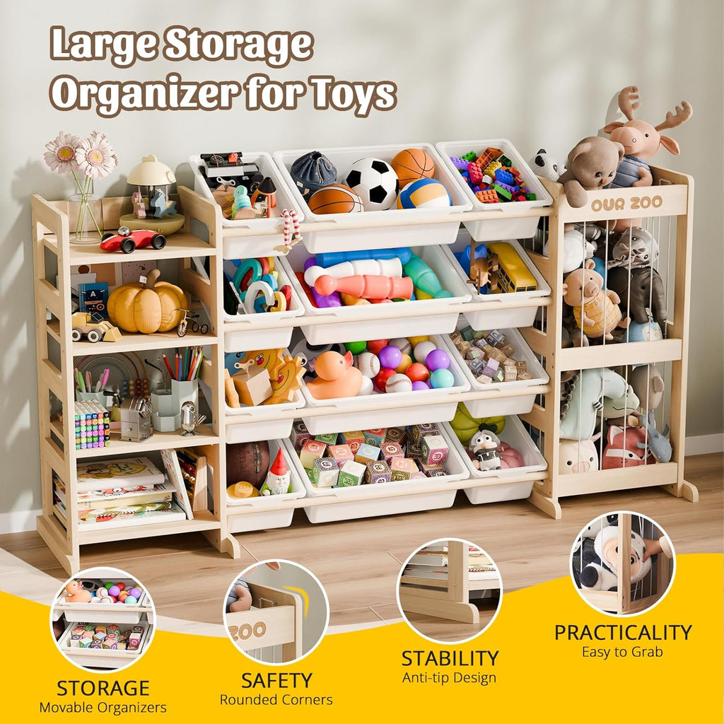 Large Kids Toy Storage Organizer - Toy Organizers and Storage with Stuffed Animal Storage, Kids Toy Storage Shelf with 12 Plastic Bins, 4-Tier Bookshelf for Kids Room, Playroom, Bedroom, 59 inch