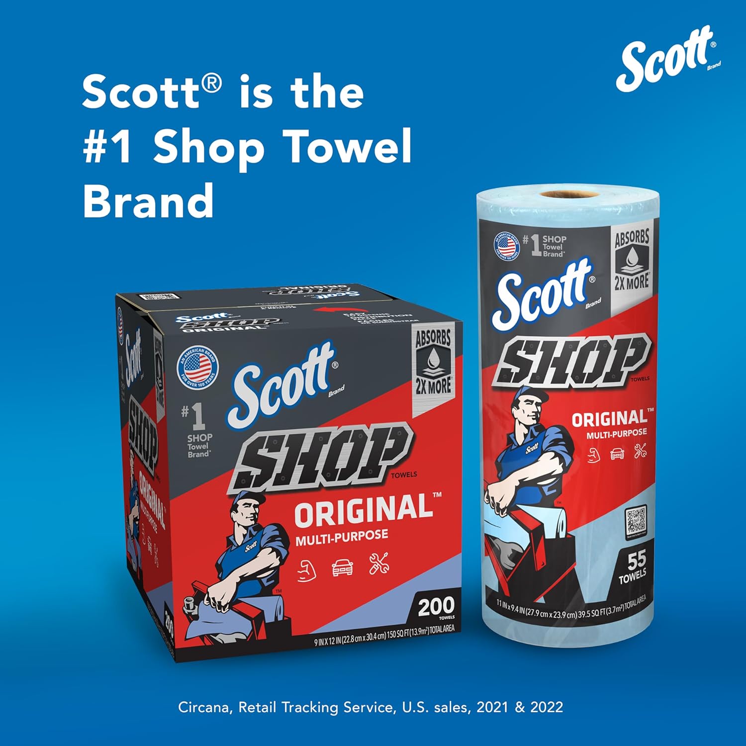 Scott Shop Original Blue Towels (75190), 9"x12" Cloth-like Paper Towel (8 Boxes of 200 Sheets, 1,600 Sheet Total)