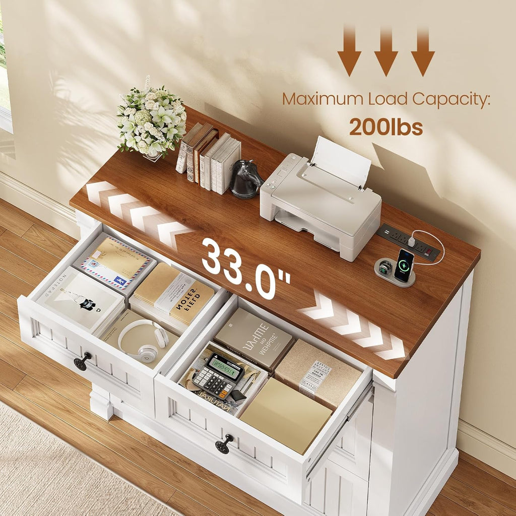 SEDETA 4 Drawers File Cabinet, 33" Farmhouse Filing Cabinets for Home Office fit Legal/Letter/A4 File, Wood Office File Cabinet with Power Outlets, Printer Stand with Storage, White+Brown